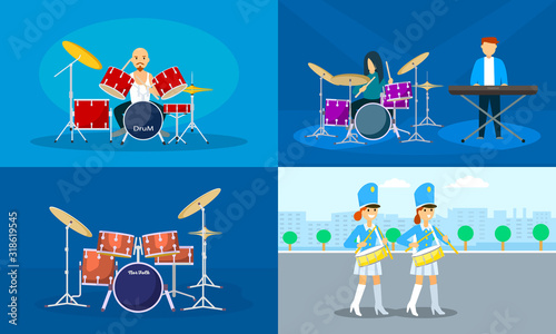 Drummer banner set. Flat illustration of drummer vector banner set for web design