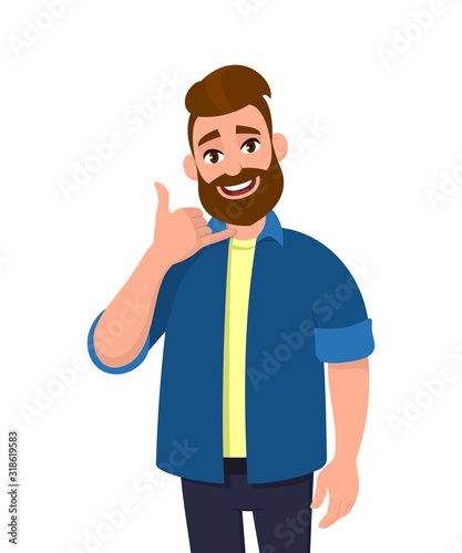 Portrait of young bearded  man making showing phone or call me gesture with hand fingers shaped like telephone. Trendy person raising arm. Male character design illustration. Modern lifestyle concept.