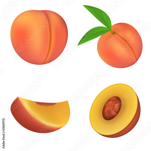 Peach icons set. Realistic set of peach vector icons for web design isolated on white background