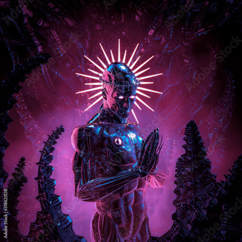 Digital messiah complex / 3D illustration of science fiction male humanoid  cyborg bowed in prayer with metal crown of thorns and halo Stock  Illustration | Adobe Stock