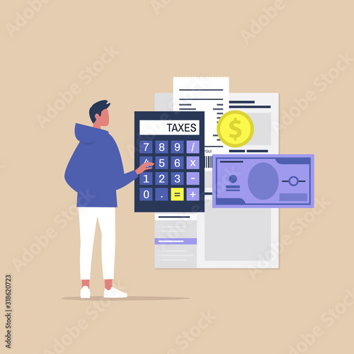 Young male character filing a tax return, Declaring an income