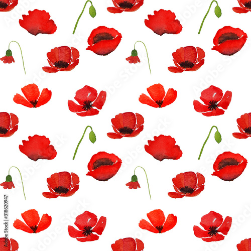 Red watercolor poppy flowers with clipping path in seamless pattern on white background.
