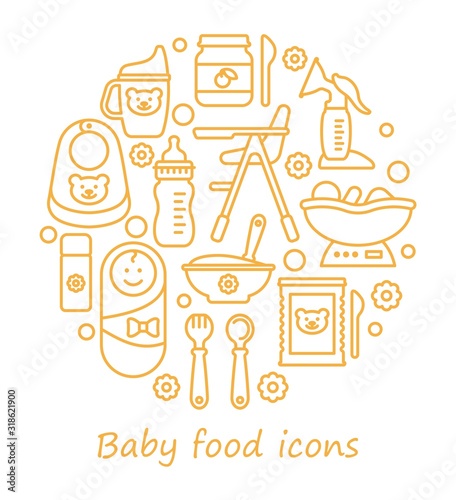 Vector icon set of baby food. Line icons in the form of a circle