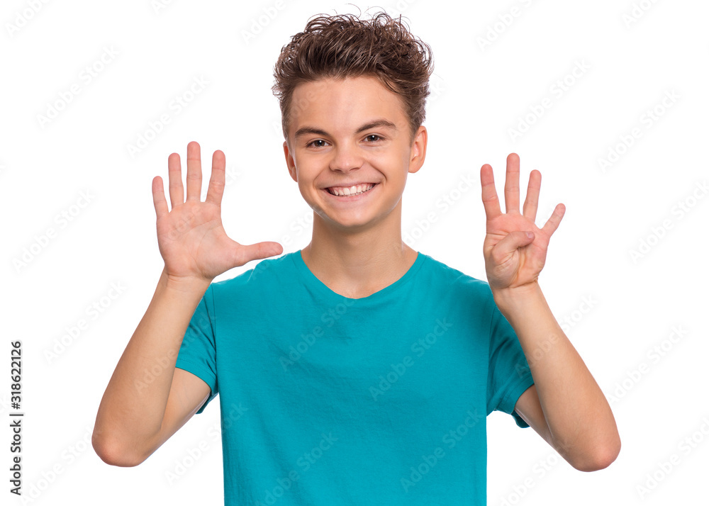 Portrait of happy teen boy showing two palms - 9 fingers, isolated on white background. Happy smiling child doing gesture of number Nine. Series of photos count from 1 to 10. Portrait of happy teen boy showing two palms - 9 fingers, isolated on white background. Happy smiling child doing gesture of number Nine. Series of photos count from 1 to 10.