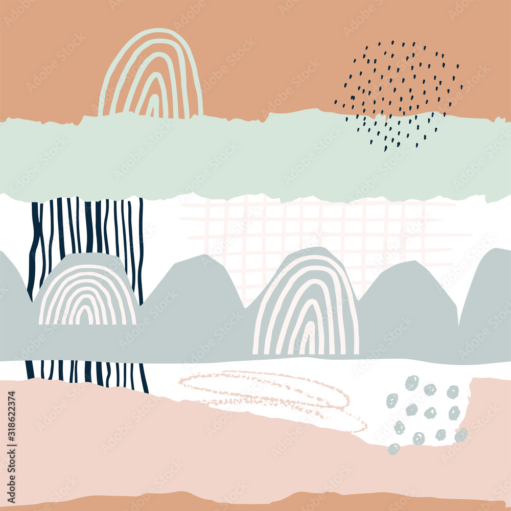 Naklejka premium Abstract seamless pattern with hand drawn various shapes and doodle objects. Modern illustration in pastel colors for fabric design, textiles, wallpaper, paper packaging. Vector