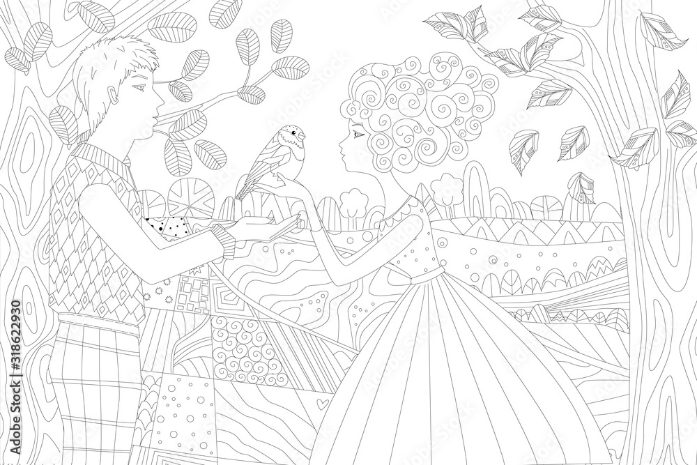 Happy pair of lovers standing face to face holding a bird agains Happy pair of lovers standing face to face holding a bird agains