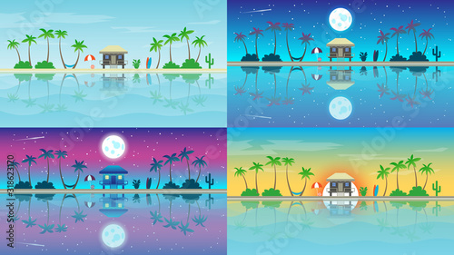 Paradise island with bungalows and palm trees, sandy beaches. Sunrise, sunset, night on the ocean or sea. Vector banners set with summer resort. Background illustration. Set of 4 landscapes