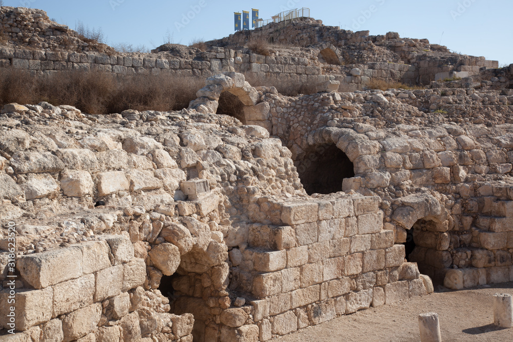 Old Roman ruins in Israel with an arched doorway
