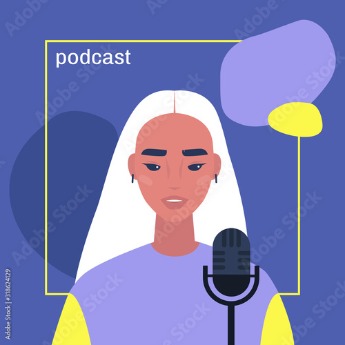 Young asian female character hosting a podcast, cover image template
