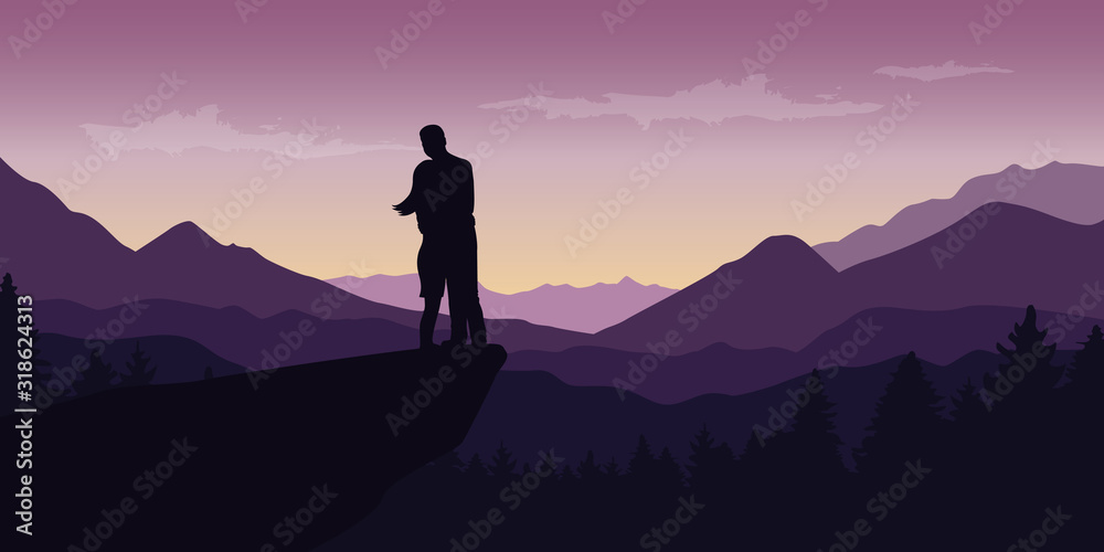 couple enjoy the mountain view at purple landscape vector illustration EPS10