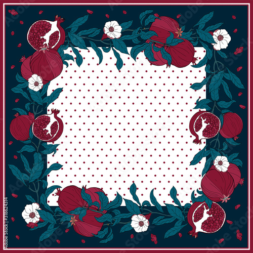 Silk scarf with pomegranate branch with fruits and flowers.
