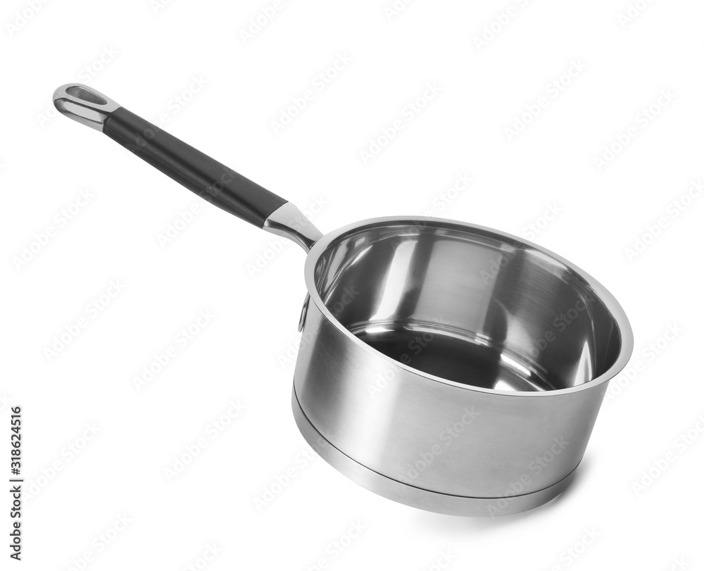 Empty modern steel saucepan isolated on white Empty modern steel saucepan isolated on white