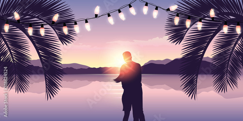 romantic couple at sunset on paradise beach with fairy light vector illustration EPS10