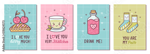 Set greeting card for Valentine's day with kawaii cartoon characters and Hand lettering quotes. Vector illustration.