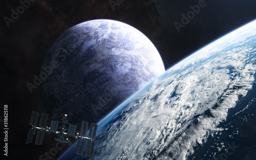 Fototapeta Naklejka Na Ścianę i Meble -  Planets in deep space. Space station in orbit of exoplanet Science fiction. Elements of this image furnished by NASA