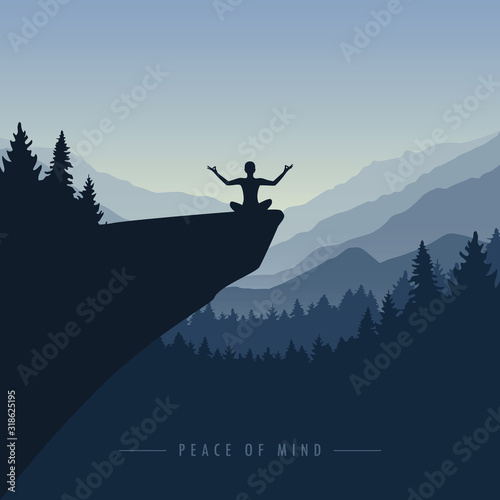 peace of mind mediating person on a cliff with mountain view blue nature landscape vector illustration EPS10