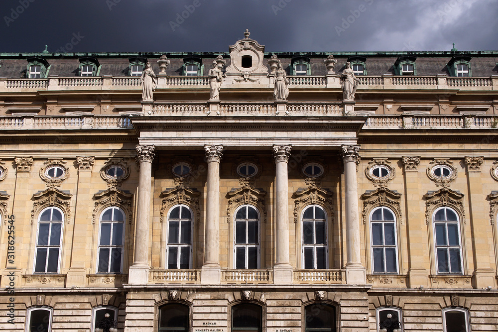 Budapest (Hungary). Facade of the west esplanade of the Buda Palace in the city of Budapest