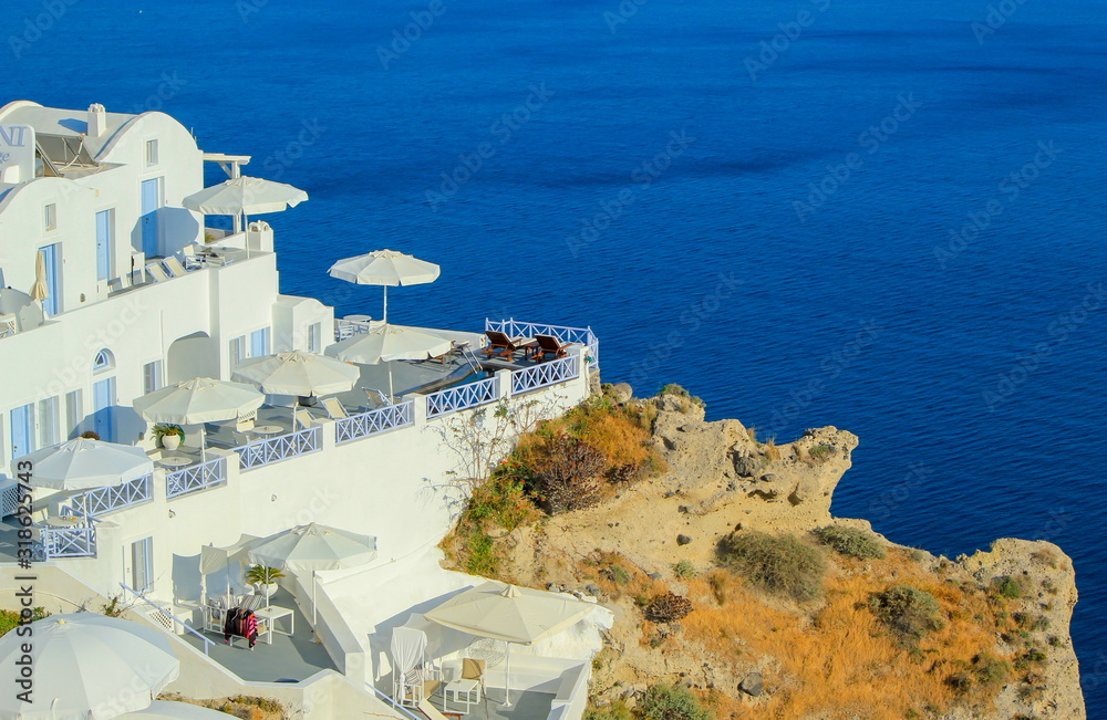 View on balconies at Oia village in the Caldera, Greece