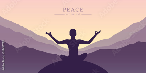 peace of mind meditation concept silhouette with mountain background vector illustration EPS10