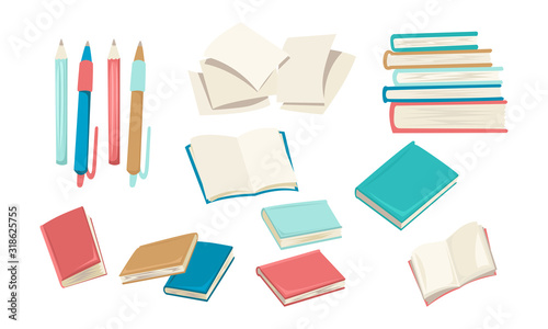 Set of books, pages and stationery goods, pens and pencils. Bright student cartoon items. Vector illustration