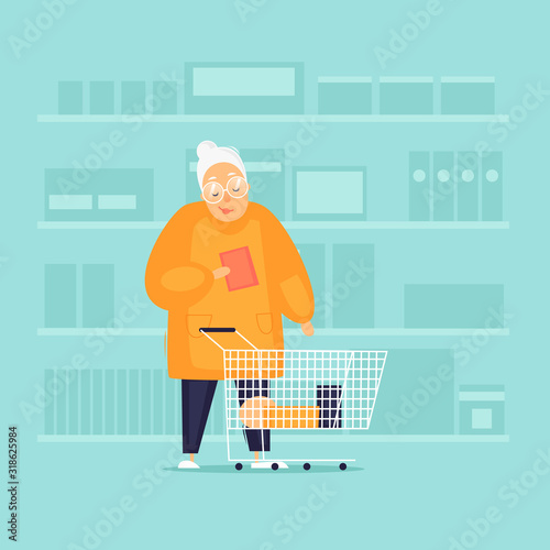 Grandmother in a store with a cart buys food. Flat design vector illustration.