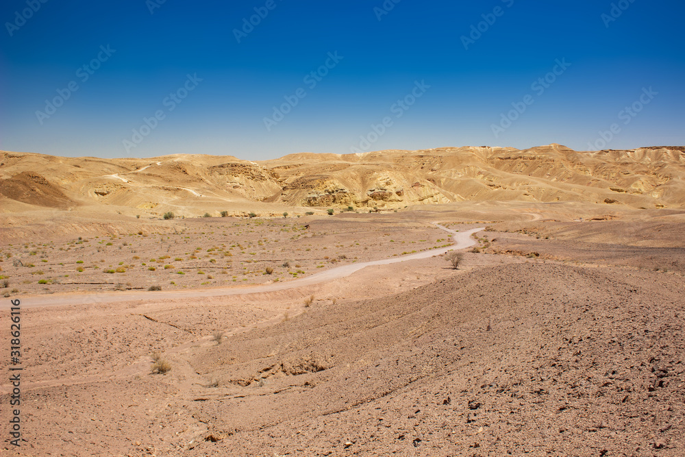 desert landscape sand stone ground dry wasteland scenic view rocky hills horizon background Middle East Israeli warm region
