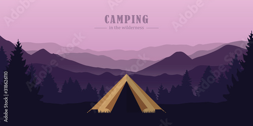 camping adventure in the wilderness tent in the forest at mountain landscape vector illustration EPS10