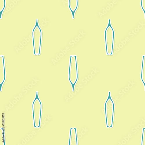 Green Eyebrow tweezers icon isolated seamless pattern on yellow background. Cosmetic tweezers for ingrown hair. Vector Illustration