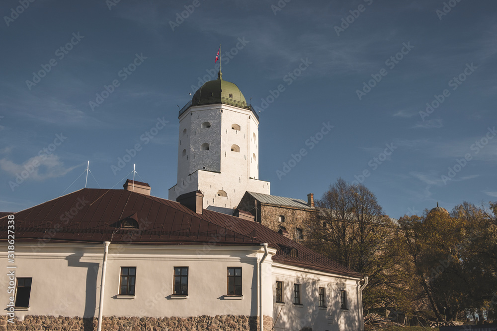 the tower of St. Olav of the Vyborg castle on the island  on a sunny autumn day