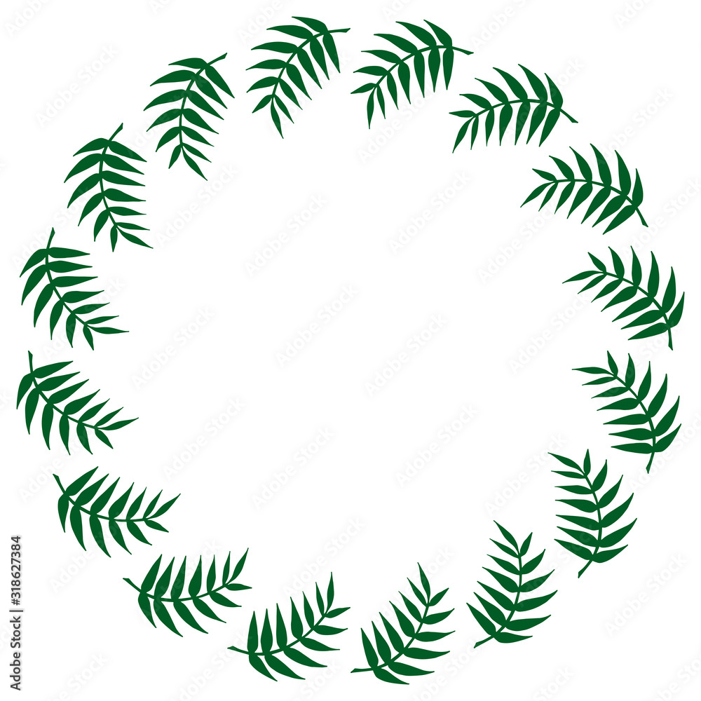 Round frame with green branches on white background. Vector image. Isolated wreath for your design.