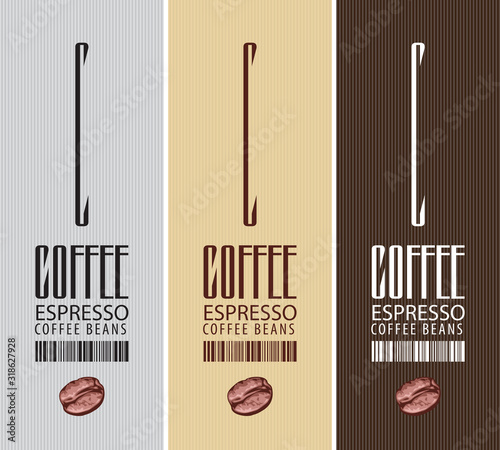 Vector set of three vertical labels for coffee beans. Coffee labels with coffee bean and barcode on the striped background
