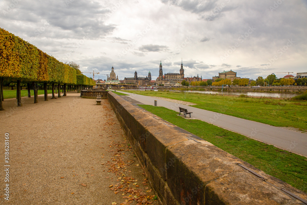Cityscapes - Dark clouds hang over the old town of Dresden. The Elbe flows through the center of Dresden.