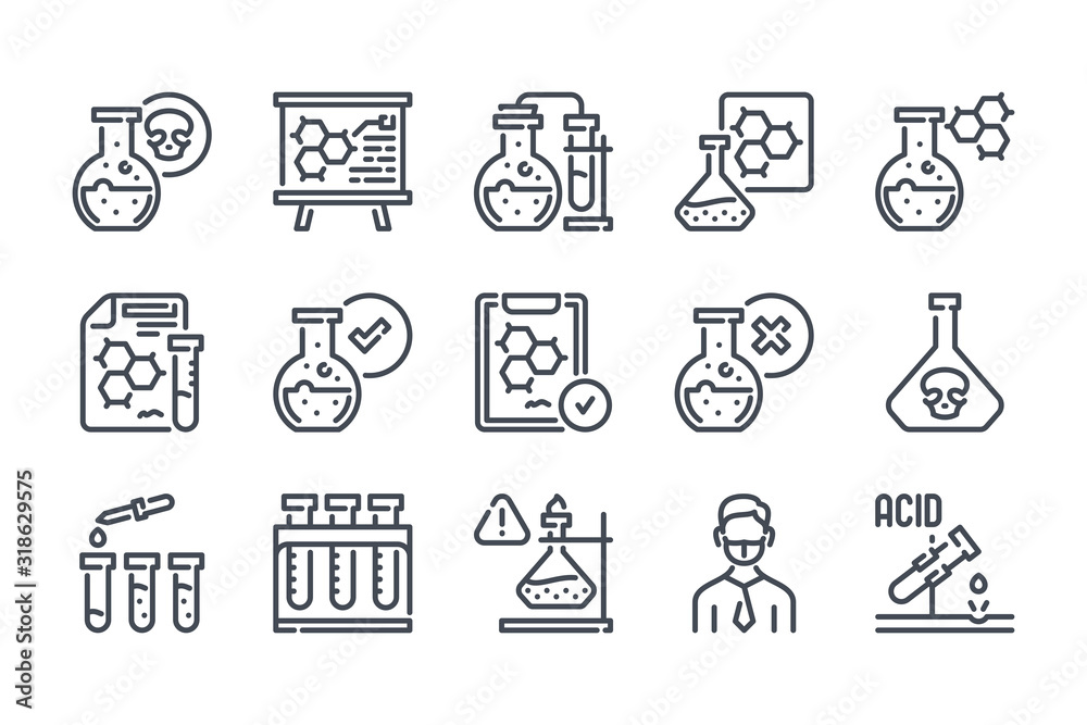 Chemistry and science experiment related line icon set. Laboratory and scientific equipment linear icons.