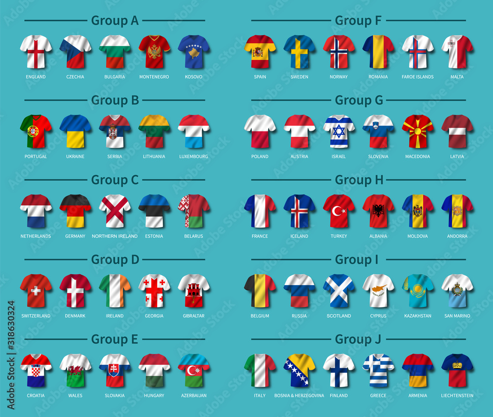 European soccer tournament qualifying draw 2020 . Group of international teams . Football jersey with waving country flag pattern . Blue theme background . Vector .