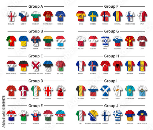 European soccer tournament qualifying draw 2020 . Group of international teams . Football jersey with waving country flag pattern . White theme background . Vector .