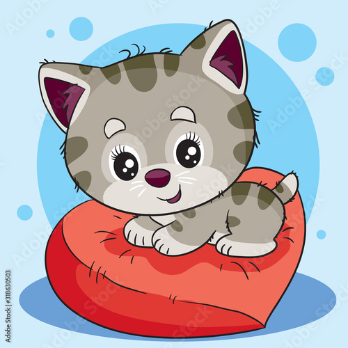 cute gray kitten lies on a heart-shaped pillow, a symbol of love and devotion,