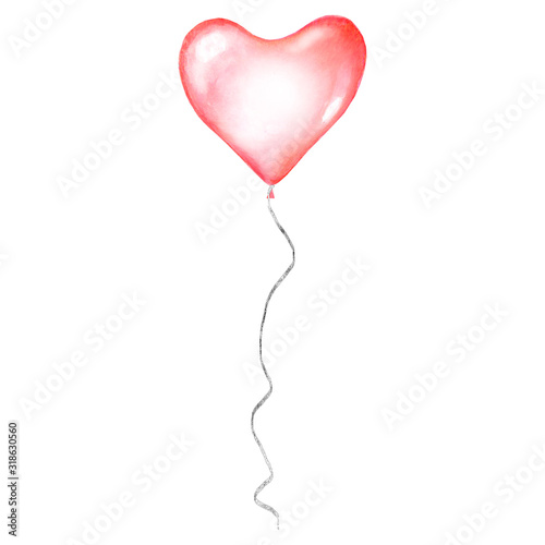 Watercolor red flying balloon in shape of heart isolated on white background