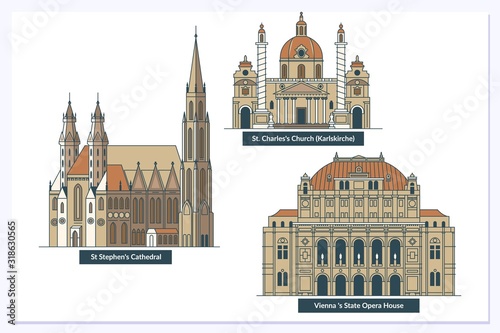 Photography Vienna landmarks and monuments isolated on white background in editable vector file