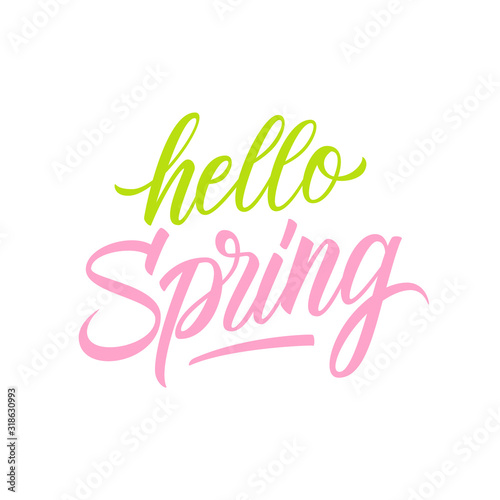 Hello Spring card template. Hand drawn lettering. Calligraphic element for seasonal design. Vector illustration.