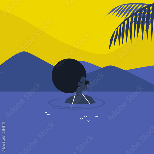 Young african female character swimming in the sea, holidays in a tropical climate, lifestyle