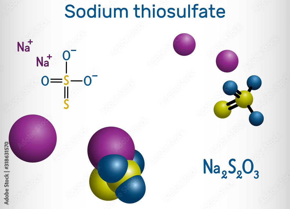 Sodium thiosulfate, sodium thiosulphate, Na2S2O3 molecule. It is used to treat cyanide poisoning, pityriasis versicolor. Structural chemical formula and molecule model