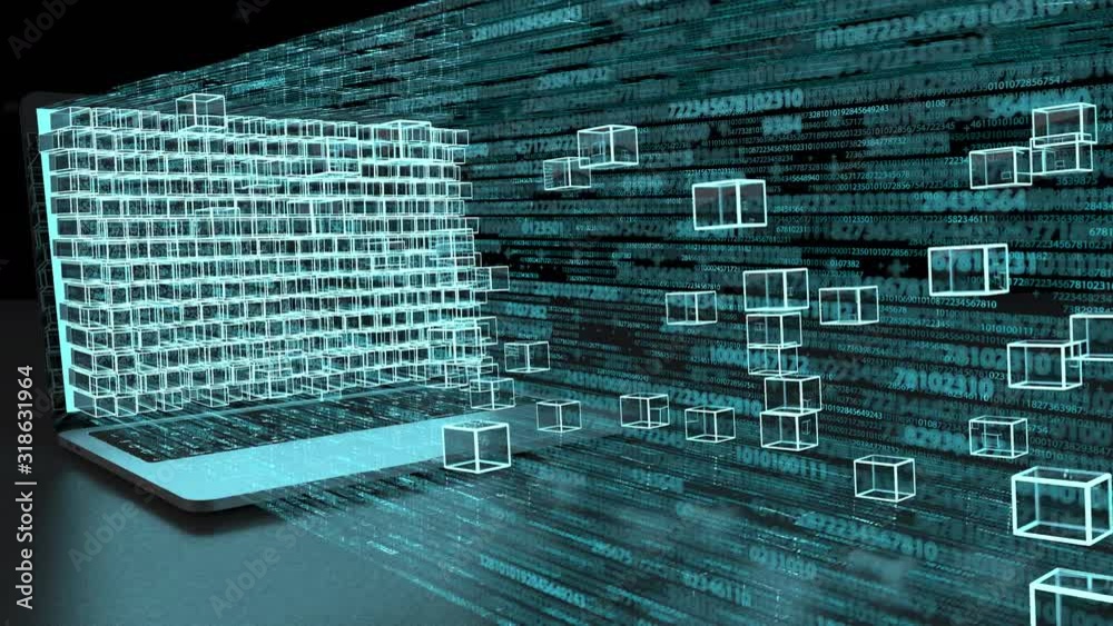 Animation of block chain on laptop, data transfer