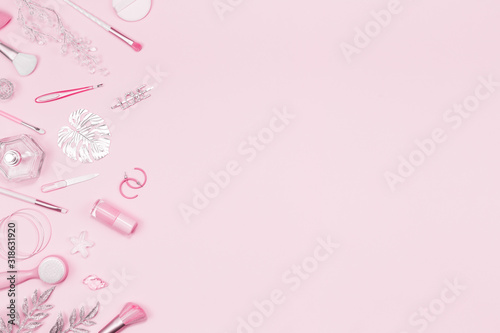 Beauty unicorn makeup brushes monochrome pink and silver border © taniasv