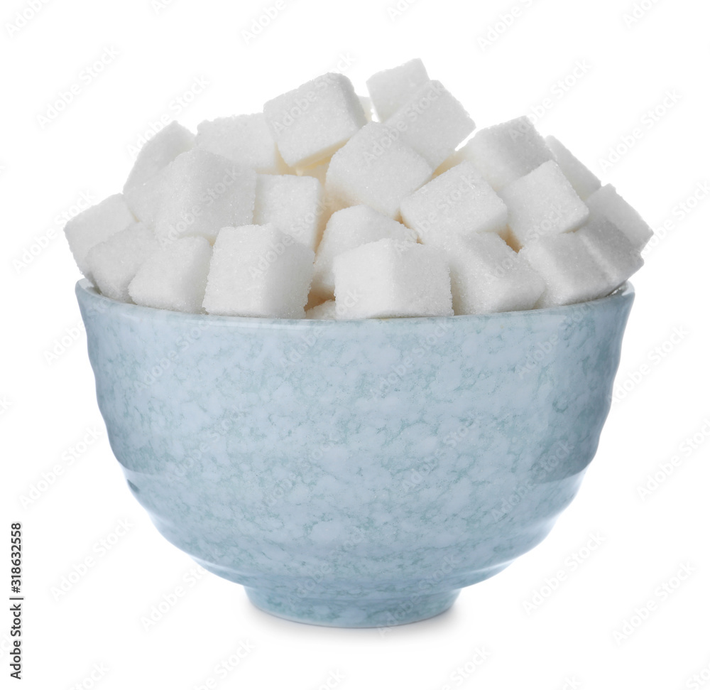 Refined sugar cubes in bowl isolated on white