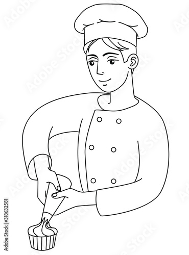 Male cook decorates a cake, vector illustration on white background. Hand drawn pastry-cook in chef uniform and cap at work, confectioner holds a pastry bag.