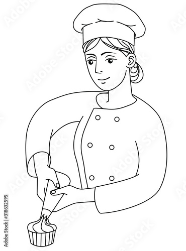 Happy cook decorates a cake, vector illustration on white background. Hand drawn pastry-cook in chef uniform and cap at work, confectioner holds a pastry bag