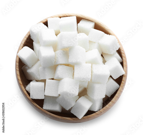 Refined sugar isolated on white, top view