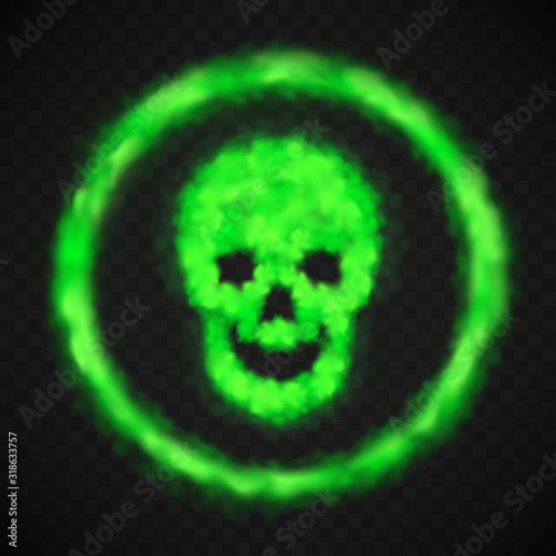 Green smoke skull sign in circle. Vector warning danger symbol in shape of human skeleton face from chemical toxic steam or stench gases isolated on transparent background