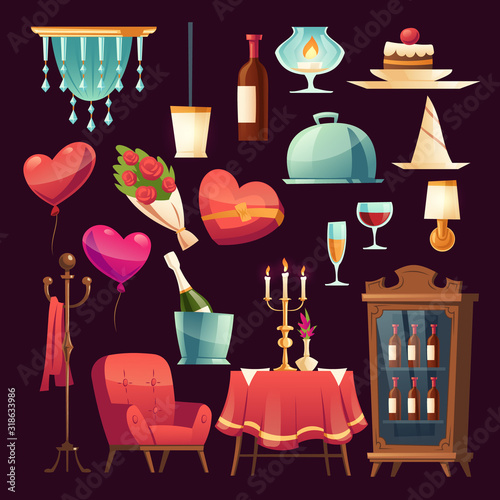 Romantic dinner in Valentines day for couple. Vector cartoon set of restaurant furniture, flowers, wine bottles and glasses, candles and heart shape balloons isolated on dark background