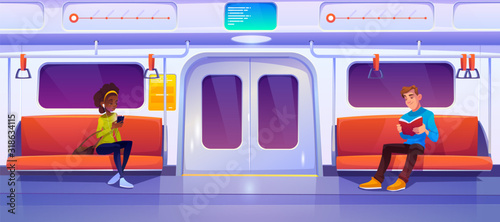 People in subway train car. Woman with phone and man with book in metro wagon. Vector cartoon illustration of underground railway carriage with sitting passengers